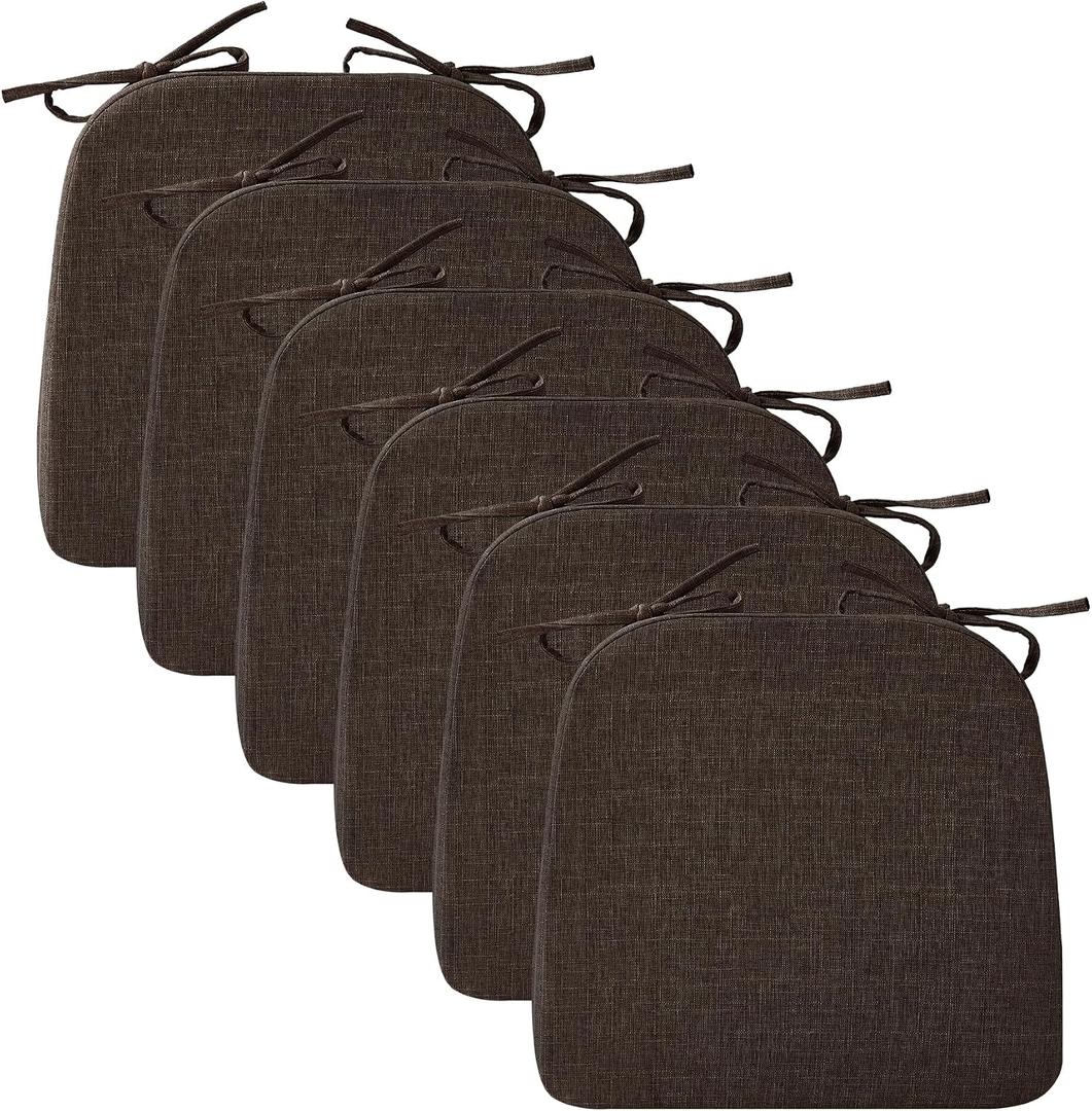 Ruqmuis Chair Cushions for Dining Chairs, 2" Thick Seat Cushions for Kitchen Chairs, D-Shaped Chair Pads with Washable Cover, Ties and Non Slip Backing, 17'' x 16'', Set of 6, Brown, 6 Count