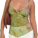 Women Y2k Mesh Tank Top Camisole Floral Print Spaghetti Strap Sleeveless V Neck Going Out Tops Cami Shirts (Large, Green)