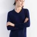 Women's Merino Wool Blend Sweater Fall Winter V Neck Long Sleeve First-Line Ready to Wear Seamless Knit Sweater (Blue)