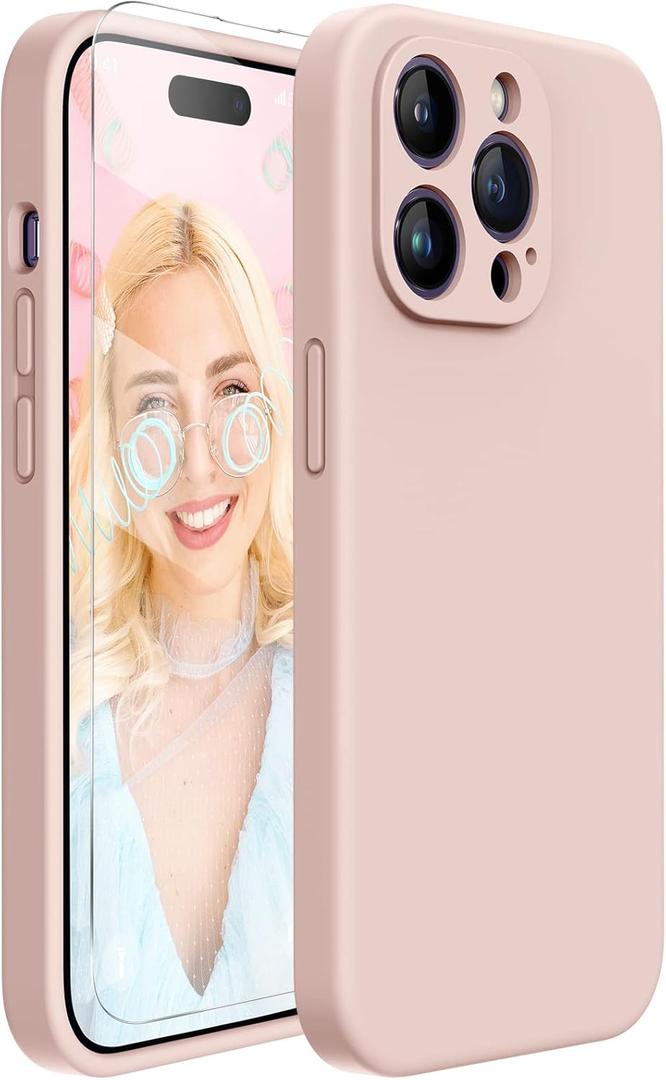 Miracase Designed for iPhone 14 Pro Max Phone Case with Screen Protector,[Upgraded Enhanced Camera Protection],Shockproof Liquid Silicone Case with Microfiber Lining,6.7 inch(Sand Pink)