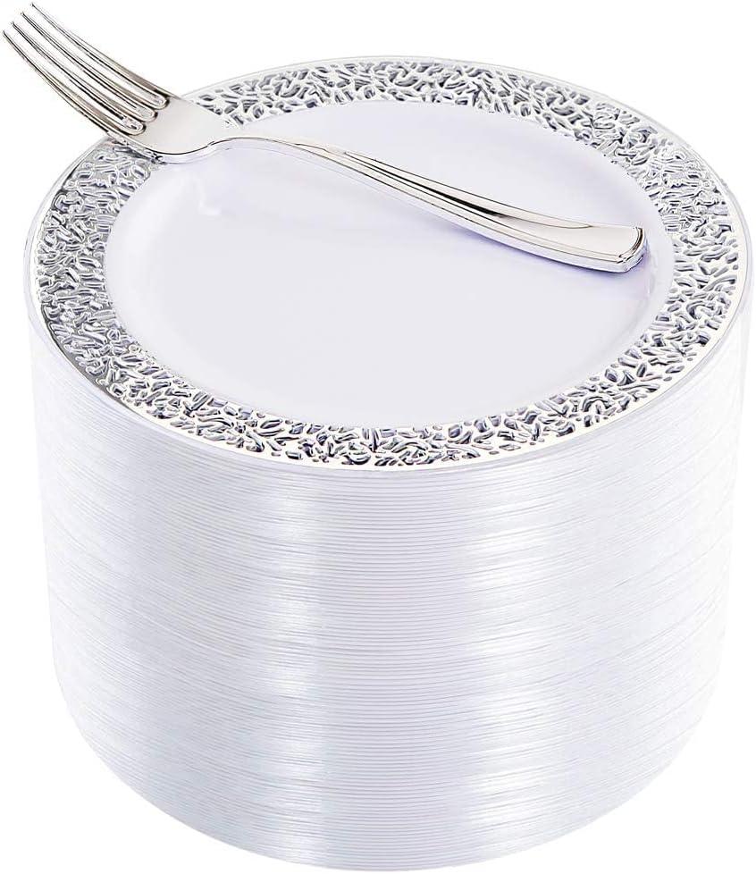 WDF 100pcs Silver Plastic Dessert Plates 7.5" with 100 Pieces Disposable Forks 7.4", Silver Plates Appetizer Plates Small Plates, Fancy Salad Plate and Cake Plate for Party Wedding Valentine's Day (Round)