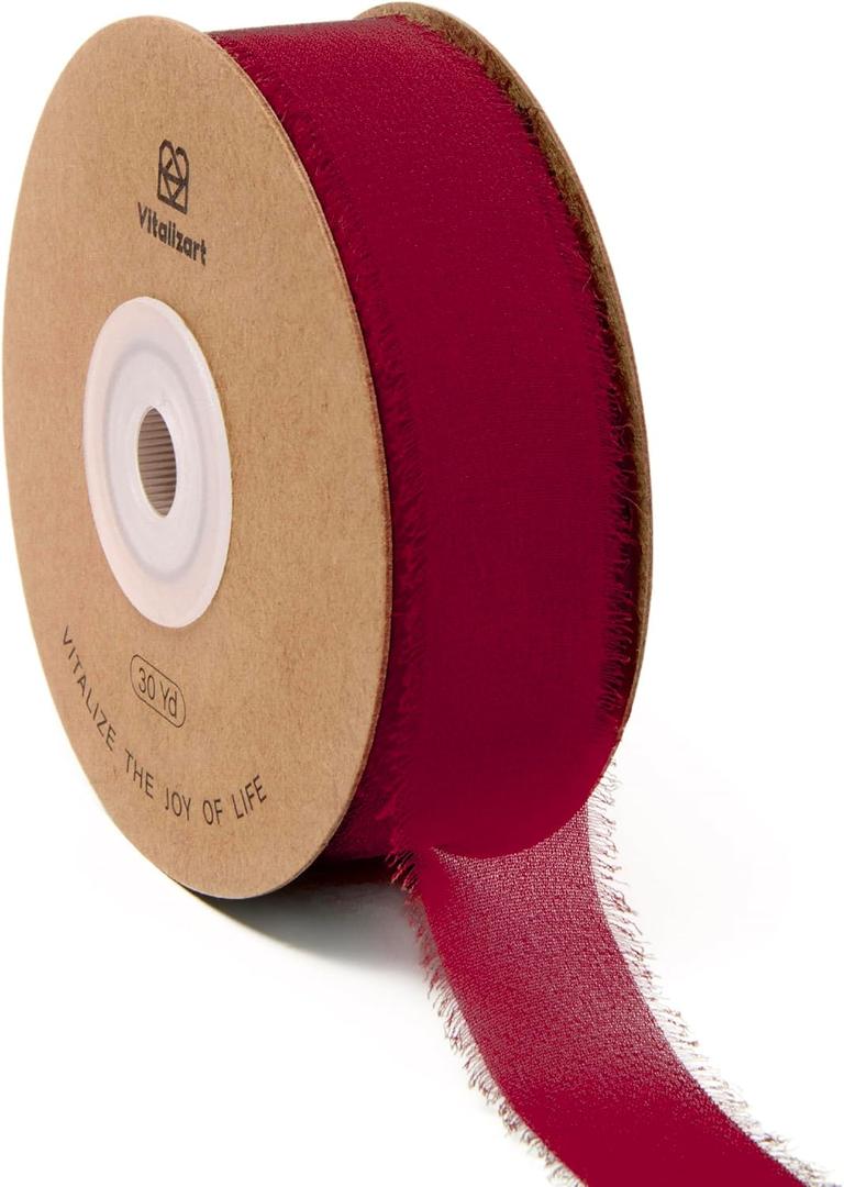 Vitalizart Red Chiffon Ribbon 1" x 30 Yd Christmas Silk Like Handmade Fringe Fabric Ribbons for Christmas Gift Wrapping Wedding Invitations Bridal Bouquets Bow Making