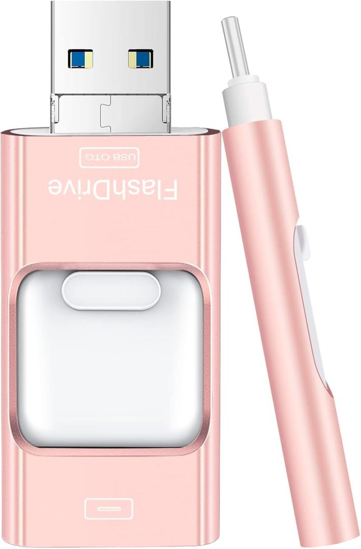 Flash Drive for iPhone 512GB, 4 in 1 USB Type C Memory Stick, Photo Stick External Storage Thumb Drive for iPhone iPad Android Computer, Rose Pink