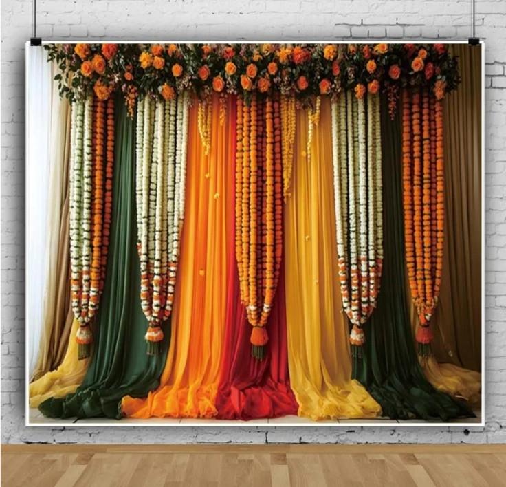 10x8ft India Pooja Traditional Backdrop Colorful Curtains Floral Indian Photography Background Puja Ganpati Mehndi Diwali Party Decorations for Wedding Birthday Festival Photo Props
