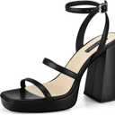 MIRAAZZURRA Platform Strappy Heel Sandals Square Open Toe Two Strap Chunky High Heeled Sandals with Buckle Ankle Strap for Women Party Wedding Dress (7, Black-matte)