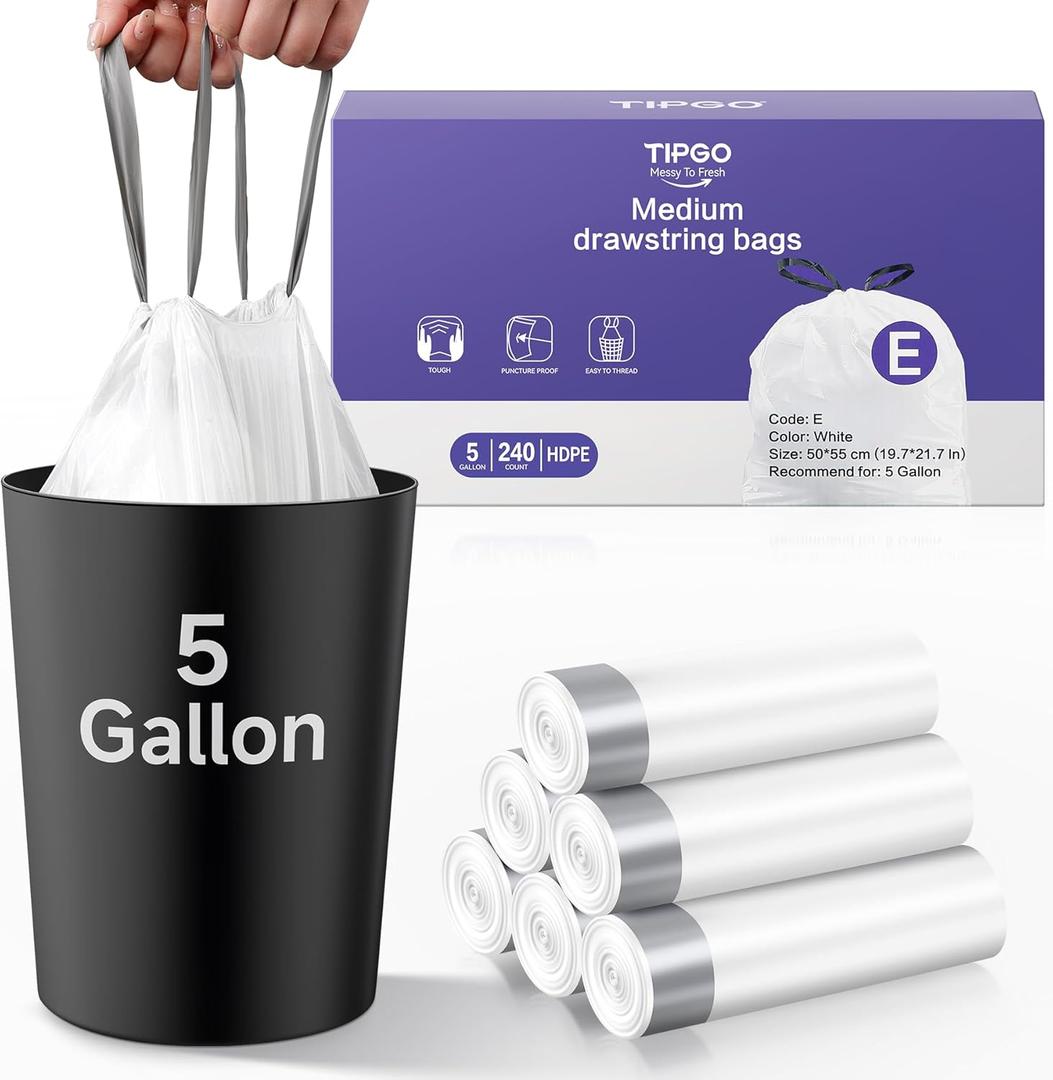 TIPGO 5 Gallon Trash Bags Drawstring, Pre-Cut Strong Wastebasket Bin Liners, White Garbage Bags for Home, Office, Bathroom (Code E, 240 Count)