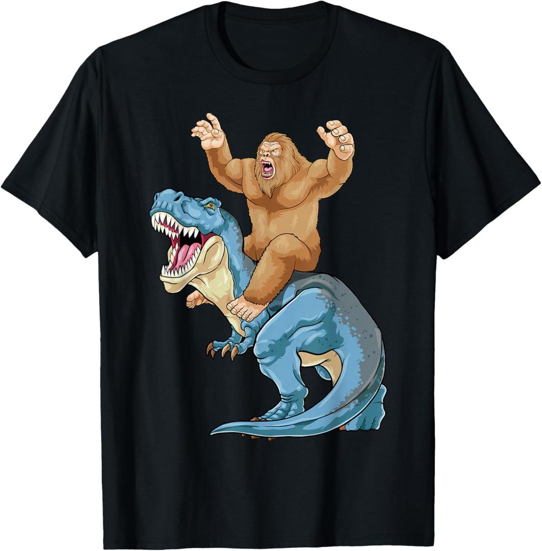 Bigfoot Riding Dinosaur T Rex Cute Sasquatch Dino Boys Kids T-Shirt, L, Black