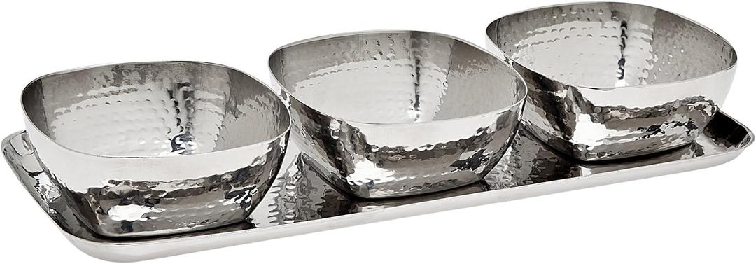 Godinger Silver Art 4-piece 5 Oz. 11" Hammered Stainless Steel Relish Tray Platter Set With 3 Square Bowls