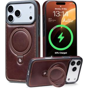 for iPhone 17 Pro Max Case Leather Top-Grain Handcrafted with Stand, Fits for MagSafe (Rustic Brown, iPhone 17 Pro Max)