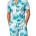 JOGAL Men's Flower Casual Button Down Short Sleeve Hawaiian Shirt Suits Fresh Blue XX-Large