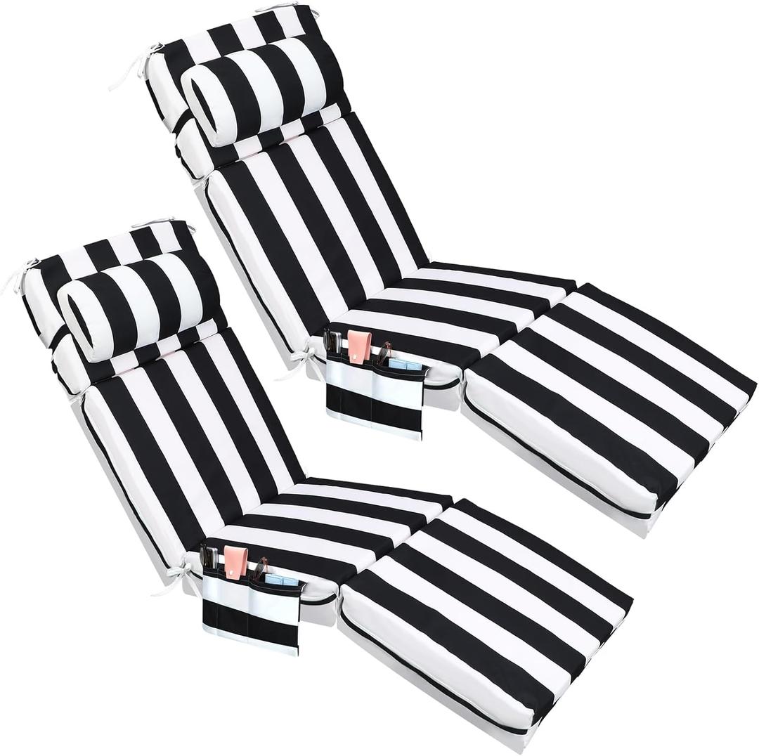 Wenqik 2 Pcs Outdoor Chaise Lounge Cushion with Pillow and Side Pocket Waterproof Lounge Chair Cushions with Pocket on Back 72 x 21 x 4 Inch Patio Replacement Pad for Pool Furniture(Black and White)