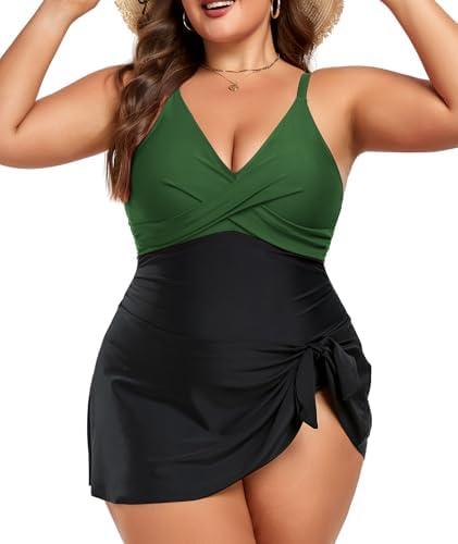 MFAVIP Women Plus Size Swim Dress Tummy Control One Piece Swimsuit V Neck Wrap Full Coverage Bathing Suit Cute Tie Knot, 3XL
