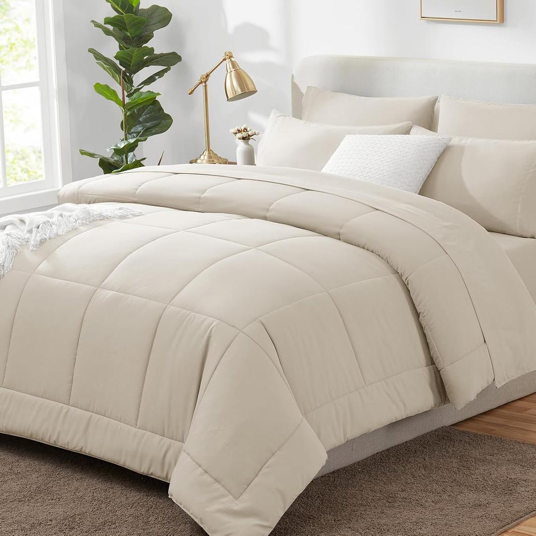CozyLux Beige Comforter Set Full 7 Pieces Beige Bedding Set Cream Off White Bed in a Bag Bed Set with All Season Quilted Comforter, Flat Sheet, Fitted Sheet, Pillowcases