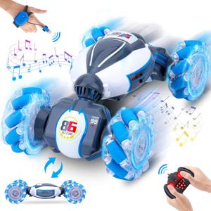 Fosgoit Gesture Sensing RC Stunt Car, Toys for Boys Girls 6-12 Year Old 4WD Remote Control Car 360° Rotate Transform Off-Road Drift RC Toy with Lights Music, 2.4Ghz Hand Control Birthday Xmas Gifts (Blue-white)