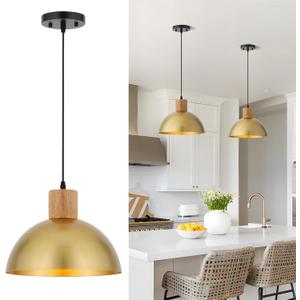 Gold Pendant Light, 11.8" Wood Pendant Lights Fixtures Adjustable Modern Dome Hanging Lighting,for Kitchen Island Dining Room Farmhouse Sink Office Bedroom