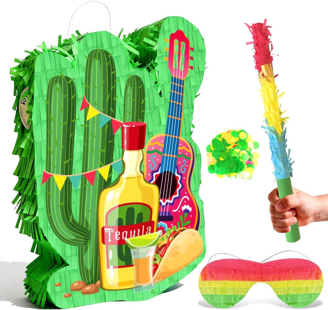 Mexican Cactus Piata, 4pcs Mexican Pinata Set Includes Cinco De Mayo Cactus Pinata Blindfold Mexican Piata Stick etc Mexican Fiesta Decorations Mexican Party Decorations