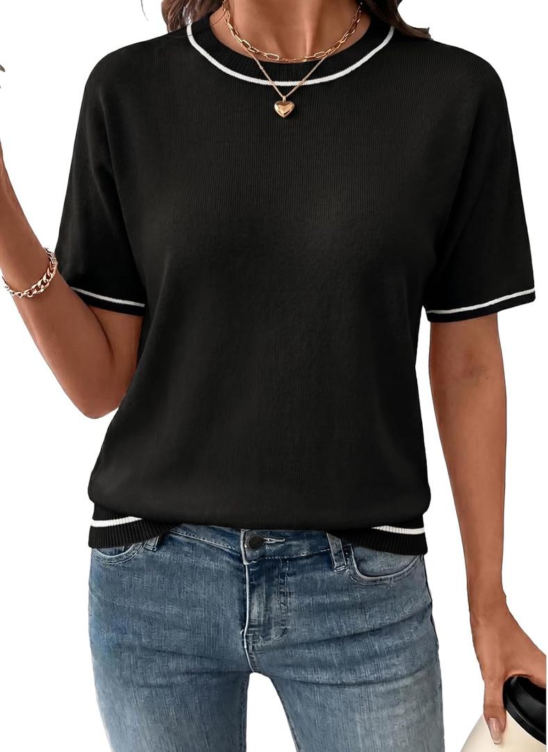SHEWIN Womens Tops Trendy Short Sleeve Shirts Crewneck Lightweight Knit Sweater Top Business Casual Outfits (Black, L)