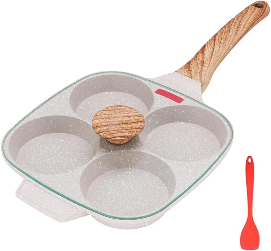 Egg Pan Fried Egg Pan, Egg Frying Pan with Lid Nonstick 4 Cups Pancake Pan Aluminium Alloy Cooker for Breakfast, Gas Stove & Induction Compatible (White)
