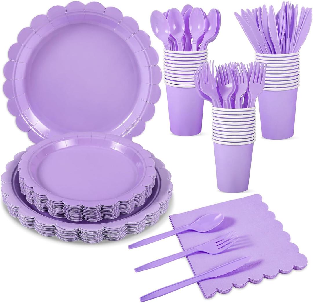 175 Pcs Lavender Paper Plates and Napkins, Light Purple Party Supplies Include Scalloped Mothers Day Plates Napkin Cup Plastic Cutlery for Spring Garden Party, Baby Shower, Wedding