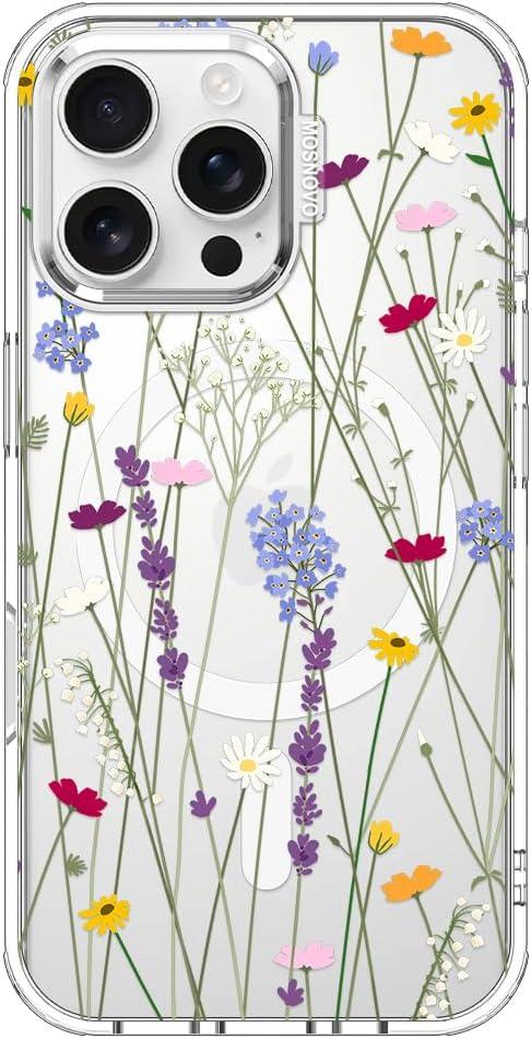 MOSNOVO Case for iPhone 16 Pro Max, [Compatible with Magsafe] [Buffertech 6.6ft Military-Grade Drop Protection] [Anti Peel Off Tech] Clear Phone Case Design - Floral Garden