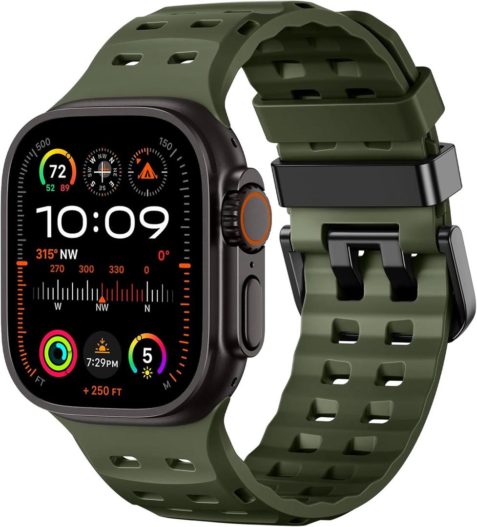 Bands Compatible with Apple Watch Ultra 2 49mm: 46mm 45mm 44mm 42mm for Men Women - Ocean Silicone Rugged Sport Replacement Strap for iWatch Ultra 2 Series 10 9 8 7 6 5 4 3 2 1 SE Ultra - Army Green