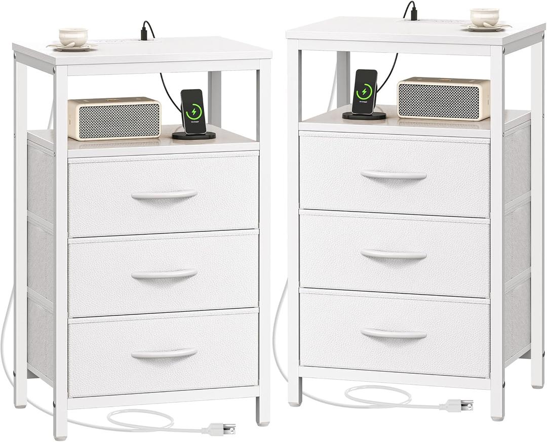 Huuger Nightstands Set of 2, 27.6 Inch End Tables with Charging Station, Bedside Tables with Drawers, PU Leather Finish, USB Port and Outlet, Night Stands for Bedroom, White
