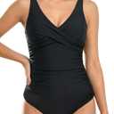 Buauty Women's V Neck Ruched One Piece Swimsuit Tummy Control Bathing Suits Flattering Beach Vacation Swimwear Black (Black)
