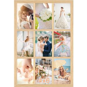 4x6 Oak Wood Picture Frames Collage Wall Decor Natural Woodgrain, Solid Oak Wooden Family Photo Collage Frame 9 Openings, Glass Front, Wall Hanging Display 9 4x6 Pictures (11.5x17.5-9 openings)