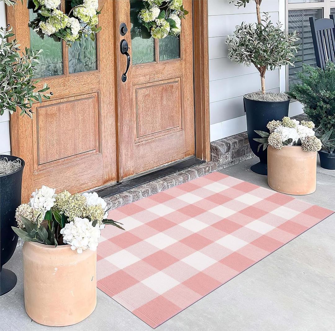 Pink and White Outdoor Rug 27.5''x 43.3''Buffalo Plaid Layered Doormat Woven Machine Washable Farmhouse Door Mats Outdoor for Hello/Welcome Mat,Entryway,Bedroom,Patio