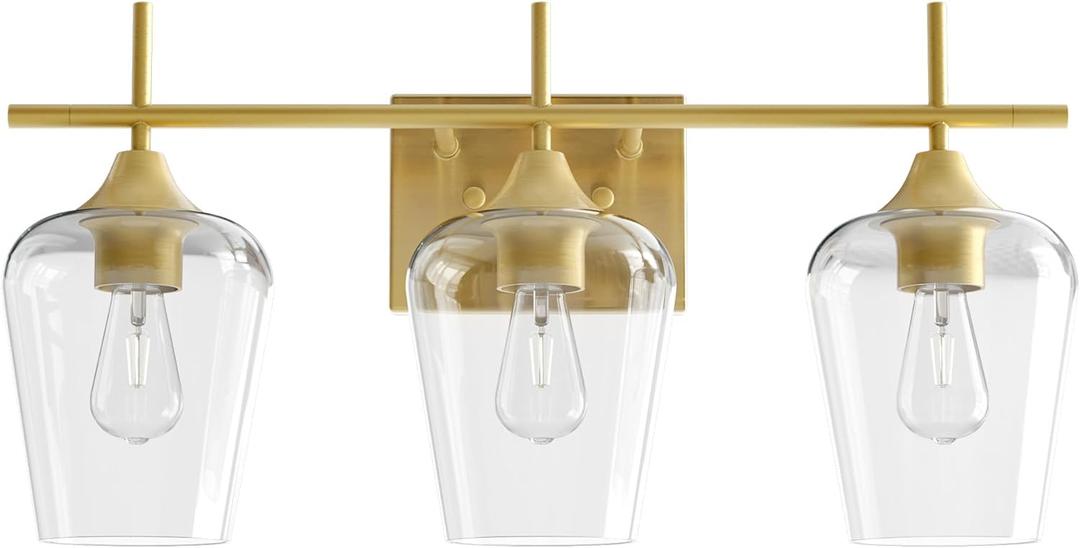 VONLUCE Bathroom Vanity Light, 3-Light Bathroom Light Fixture Over Mirror, Vanity Light Fixtures with Clear Glass, Modern Wall Sconce for Bathroom Bedroom Hallway Kitchen, Brushed Gold