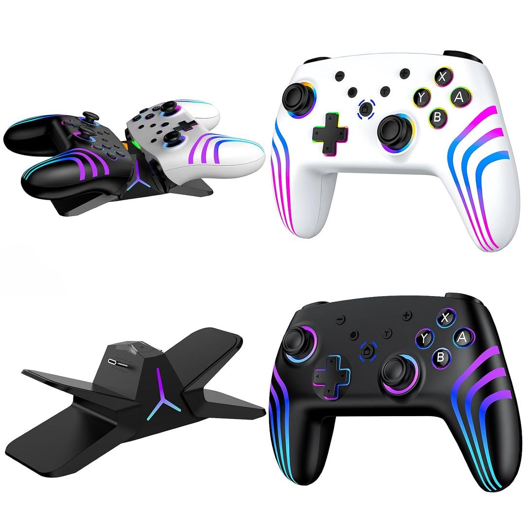 VidPPluing 2 Pack Switch Controllers with Charging Dock, RGB Switch 2 Controller for Nintendo Switch 1/2/Lite/OLED, Wireless Pro Controller with Motion Sensor/Vibration/Turbo/Wakeup Function