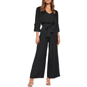 FANCYINN Womens 2 Piece Outfit Set V Neck Long Sleeves Tops High Waisted Paper Bag Pants with Belt (X-Small, B-black Long Sleeves Top & Wide Leg Pant)