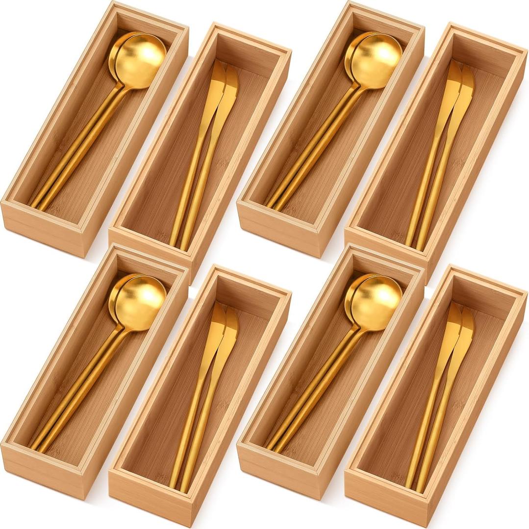 Kigley 8 Pieces Bamboo Drawer Organizer Kitchen Utensils Wooden Utensil Stackable Wooden Storage Box Bamboo Silverware Tray for Drawer(9 x 3 x 2 Inch,Wood)