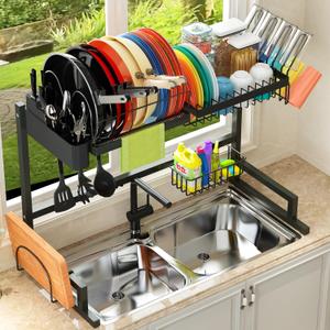 ADBIU Fit Sink 24"- 35.6" L 2024 Over The Sink Drying Rack (Expandable Dimension) Snap-On Design 2 Tier Large Dish Rack Kitchen Count Organization and Storage