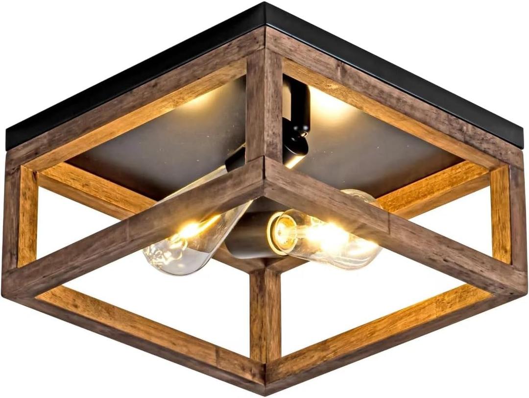 Farmhose Flush Mount Ceiling Light Fixtures for Kitchen Hallway, 2-Light Close to Ceiling Lighting, Rustic Light Fixtures in Black Metal Canop