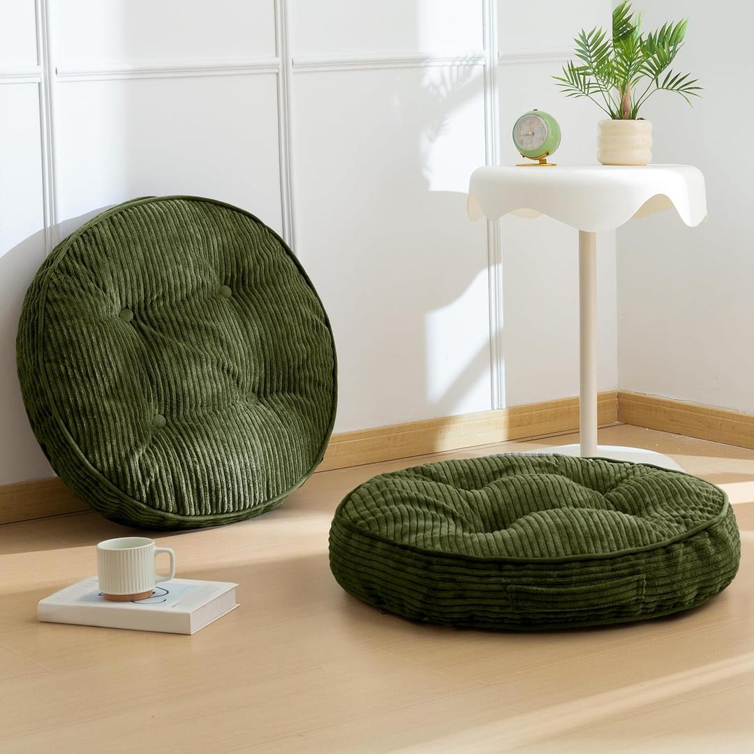 Washable Floor Pillow Cushion for Adults, Meditation Cushion Pillow, Large Round Floor Sitting, Removable Tufted Corduroy Cover, for Tatami Living Room or Yoga, 22x22 Inch, 2Pack, Machine Washable (Round Dark Green)