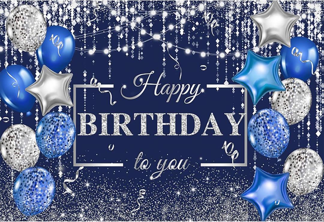 12x10ft Blue Happy Birthday Backdrop Silver Glitter Spots Balloons Photography Background Adults Women Men Boys Girls Birthday Party Decorations Banner Supplies Photo Studio Booth