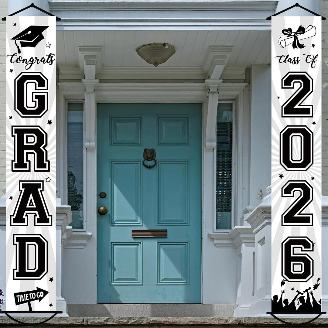 Graduation Banner 2026 Graduation Decorations Black and White Grad Banner Porch Sign Class of 2026 Door Decor Congrats Hanging Backdrop Black White Grad Party Decor for School Congratulations Supplies