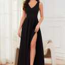 Women's Formal Dress V Neck Sleeveless Winter Wedding Guest Split Cocktail Party Prom Long Dresses (Black, M)