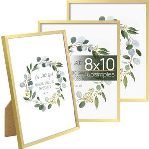 upsimples 8x10 Picture Frame Set of 3, Made of High Definition Glass for 8 x 10, Wall and Tabletop Display Thin Border Photo Frames for Home Decor, Gold