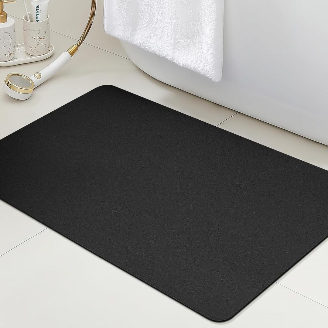 Ultra Thin Bath Mat, Upgrade Backing Non Slip Thin Bath Mats Fit Under Door, Quick Dry Ultra Absorbent Bathroom Rugs, Machine Washable Bath Rugs for Bathroom, Bathtub & Kitchen, Black/Bordered/24"x17"