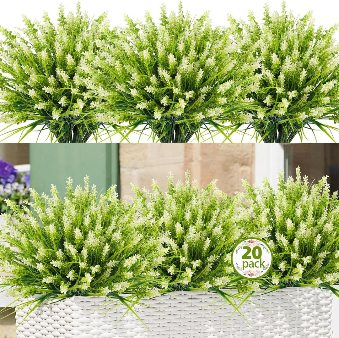 Artificial Plants for Outdoors, 20 Bundles Fake Monkey Grass with White Spring Flowers, Faux Plants Outdoor UV Resistant Realistic Greenery for Garden Window Patio Hanging Porch Home Decoration