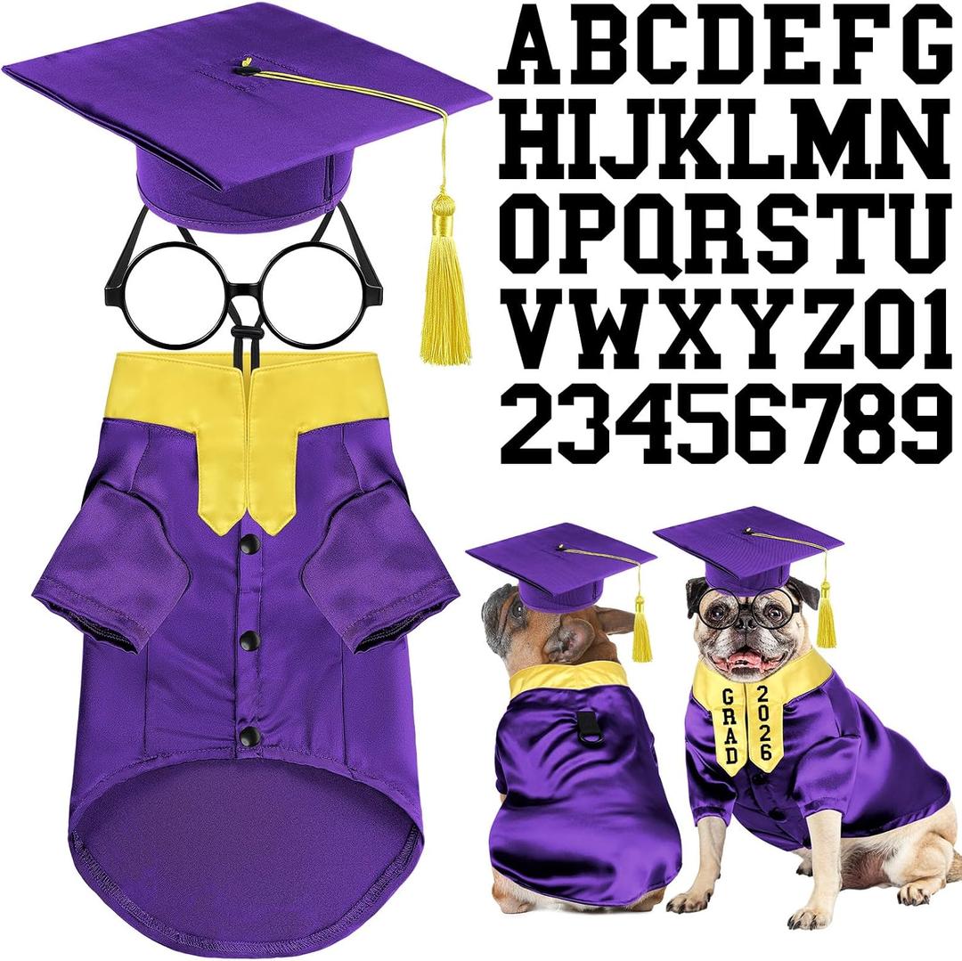 Huhumy 5 Pcs Dog Graduation Costume Set Include 2025 Pet Graduation Gown with Stole Puppy Grad Cap Lensless Glasses DIY Letter Stickers for Dogs Cats Holiday Costume Accessory(Purple Yellow,M)