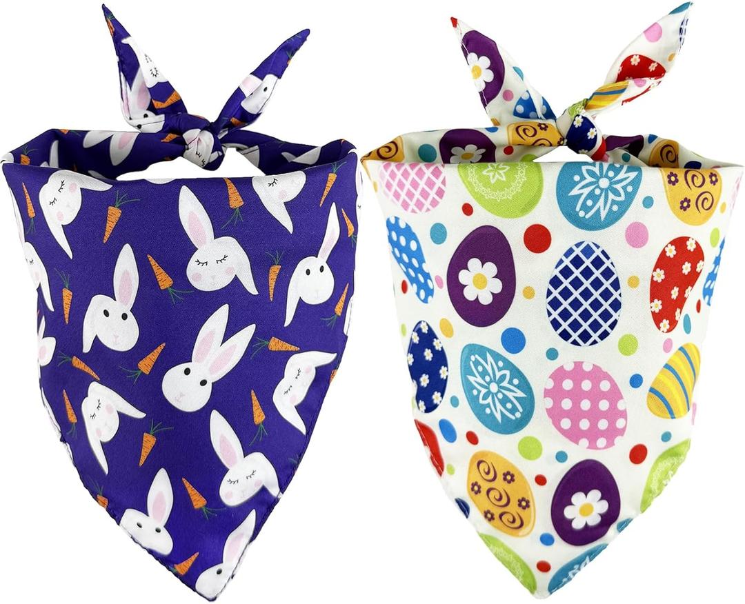 LosFong Easter Dog Bandanas 2 Pack, Reversible Triangle Easter Eggs and Bunny Pet Scarf for Boys and Girls, Premium Durable Fabric Bibs for Dogs (Large)