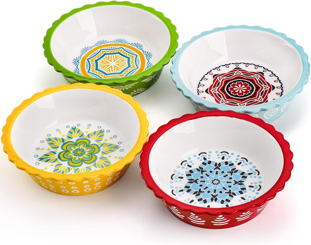 Coloch 4 Pack Ceramic Mini Pie Pan with Fluted Rim, 6 Inch Round Pie Plate Colorful Floral Pie Tins Tiny Serving Bowl for Dessert, Candies, Baking, Dishwasher and Microwave Oven Safe