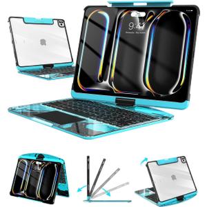 Wireless Keyboard Case for iPad Pro 13" (M5/M4, 2025/2024), Transparent Protective Cover with 7-Color Backlit Keyboard, 360 Rotating Stand, Multi-Touch Trackpad and Pencil Holder, Blue