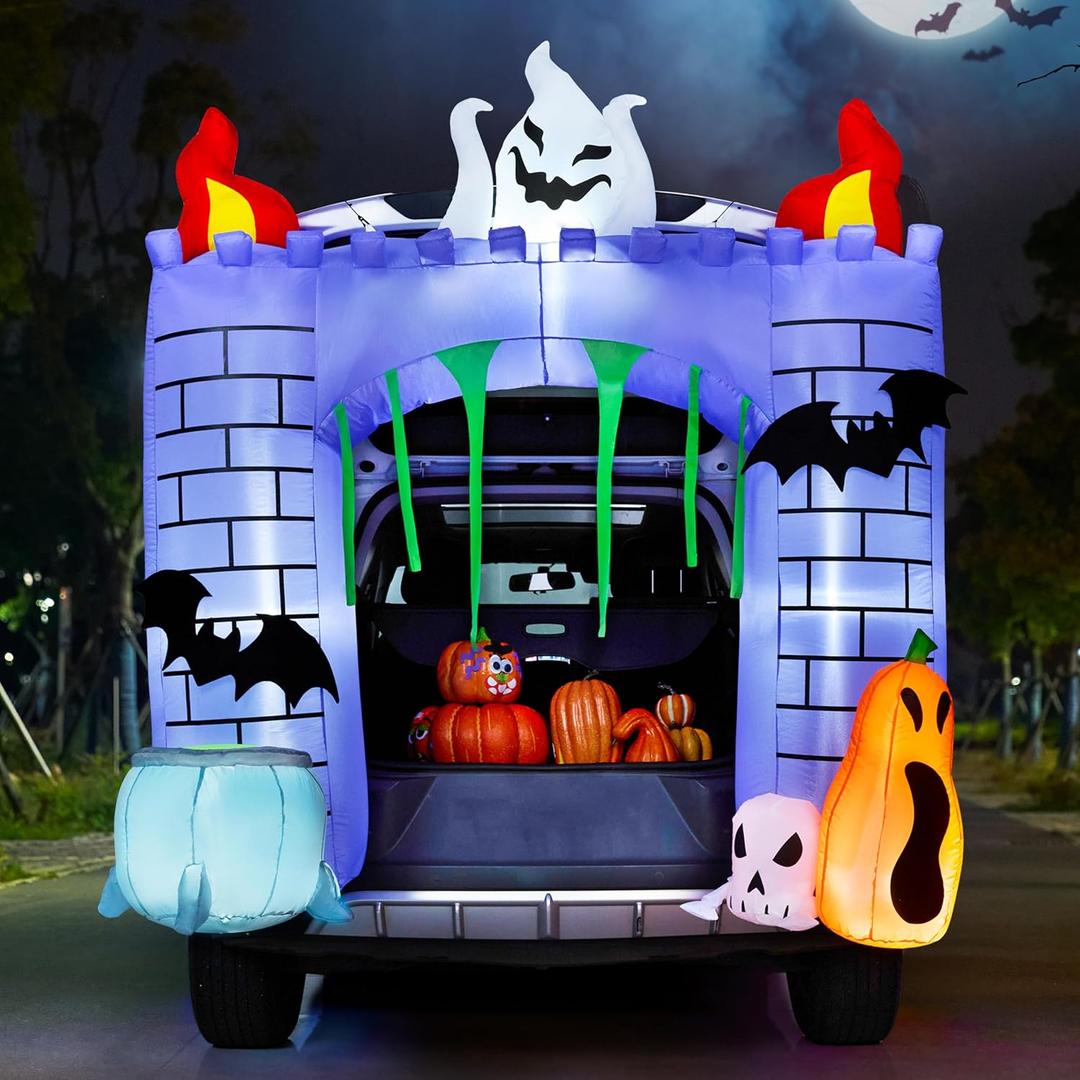 Joiedomi 6 ft Halloween Inflatable Outdoor Decorations, Trunk or Treat Car Decorations, Halloween Blow Ups Haunted Castle with Build-in LEDs, Inflatable Pumpkin and Ghost for Outside Decor