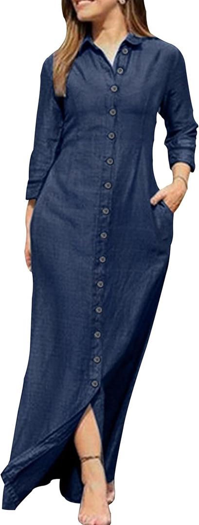 YMING Women Long Sleeve V Neck Dress Denim Button Down Maxi Dress Slouchy Shift Dresses with Pockets Denim Dark Blue XL