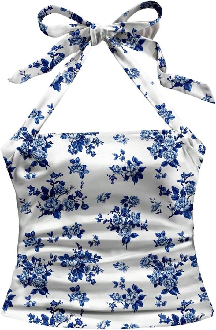 Women's Floral Print Halter Crop Top Summer Ruched Tie Backless Sleeveless Boho Tank Tops (XS)