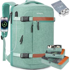 Velaybor 42L Travel Backpack with 4 Packing Cubes, TSA Friendly Flight Approved Carry-On Bag with USB Charging Port, Water-Resistant Weekender Business Backpack for Men Women, Fits 17.3" Laptop(Green)